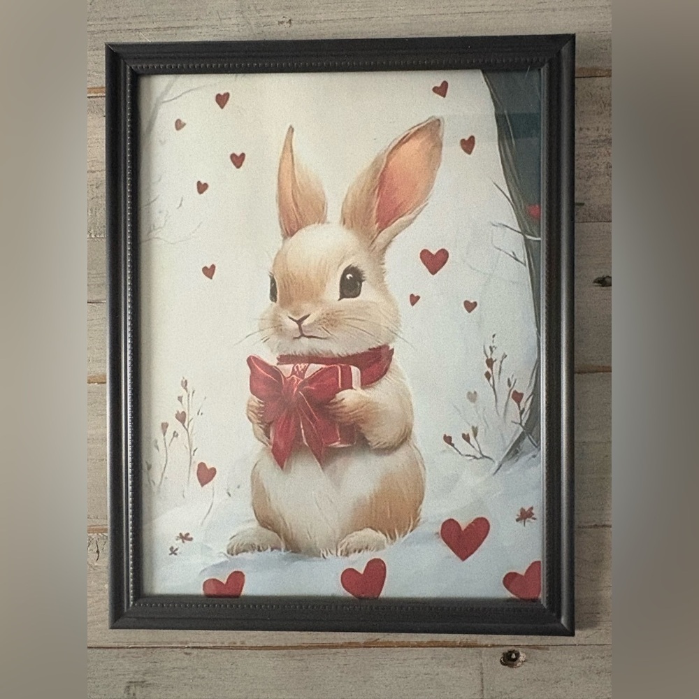 Charming Holiday Bunny Wall Framed 8x10 Art with Red Accents